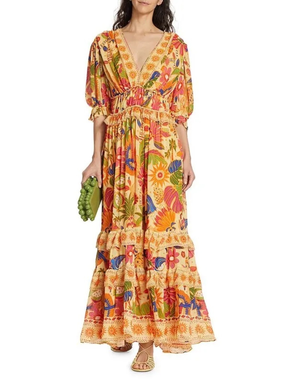 Farm Rio Yellow Rio Tapestry Tiered Hem Maxi Dress size M